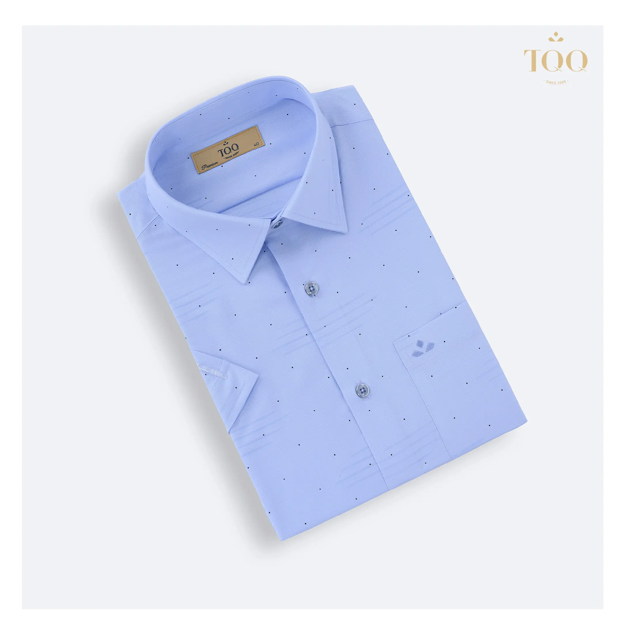 Polyester Formal work shirt Polka Dot Short Sleeve Dress Shirt in Light Blue from Vietnam Anti-wrinkle Made In Vietnam