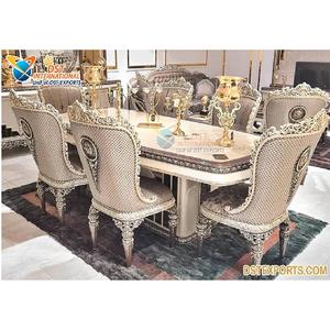 ชุดโต๊ะอาหารไม้สักสไตล์ฝรั่งเศส ขัดเงาสีเงิน พร้อมเก้าอี้ 7 ตัว ดีไซน์ทันสมัย ผิวโลหะ ทนทาน ขนาดสั่งทำได้ - Product Image 1