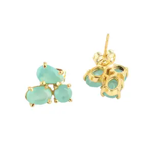 Latest fashion designs faceted aqua chalcedony earring gold/silver plated prong setting three stone handmade women stud earrings