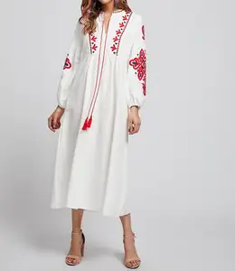 Kadın uzun ukraynaca elbise işlemeli gevşek İpli bornoz etnik ukrayna elbise Dubai etnik tarzı rahat yüksek bel elbise