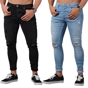 Grosir Jeans Denim Pria Sesuai Pesanan LOGO Sobek Bordir Jeans Denim Ukuran Besar
