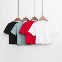 Nouveau T-shirt décontracté et mignon pour femme, en denim tricoté et flanelle, à manches courtes, col rond, coupe courte, avec déchirures, couleur unie, pour l'été