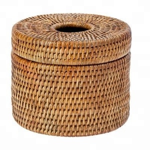Rattan Round Tissue Box Cover <b>Decorative</b> Woven Wicker with Special Straps Handle - Product Image 4