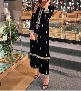 <b>BLACK</b> VELVET LONG <b>TOP</b> ,PANT DRESS EMBELLISH EMBROIDERY WITH CRYSTAL GLASS BEADS,DABKA,WORK for Party-WEAR/WEDDING@ 2022 - Product Image 1