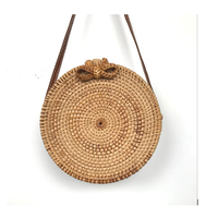 Tas Rotan Bulat / Tas Anyaman Rotan Buatan Tangan dengan Pegangan Kulit Wanita Elegan Wanita Bali Tas Pantai Musim Panas Pesta