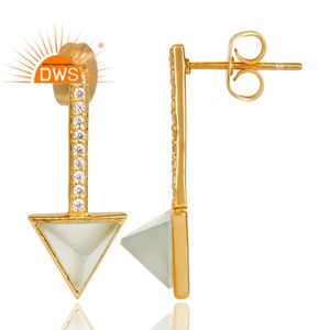 Pendientes de Calcedonia Aqua con Circonita Cúbica, Chapados en Oro, Plata 925, Pendientes Largos con Tuerca, Joyería Clásica de Colección - Product Image 3