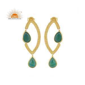 Trendy <b>Top</b> Selling Sterling Silver Gold Plated Dangle <b>Earring</b> Pear Cut Green Onyx Gemstone <b>Earring</b> Supplier - Product Image 2