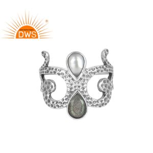ออกซิไดซ์925แหวนเงินผู้ผลิตเครื่องประดับมุกสีขาวและ Labradorite พลอยแหวนเครื่องประดับผู้ผลิต - Product Image 1