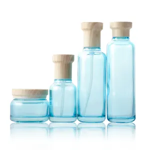 Offre Spéciale Bleu Rose Claire bouteille en verre Cosmétique avec capuchon et pot pour cosmétiques contenants et emballages
