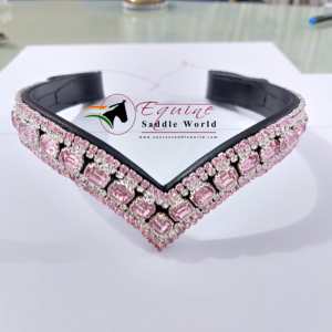 HIGH QUALITY HORSE BROW <b>BAND</b> V-SHAPE WITH PINK CRYSTALS LUXURY EQUESTRIAN WITH <b>SNAP</b> BUTTON LOOP. - Product Image 6