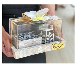 Regalo Árabe para Ramadán, Quemador de Incienso Mubkhar con Aroma a Rosa, Incrustaciones de Nácar, Bandeja y Caja, Set de Oud Dubai, Incensario Musulmán - Product Image 1