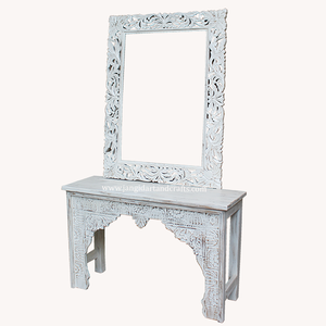 Table de toilette pliable vintage en bois de manguier massif blanc vieilli avec miroir sculpté, mobilier de chambre et d'hôtel - Product Image 6