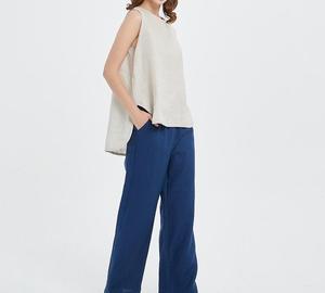<b>Elastic</b> Waist Loose Crepe Linen Natural Waist Pants Women Solid Color Formal Summer Breathable Straight Hem - Product Image 2