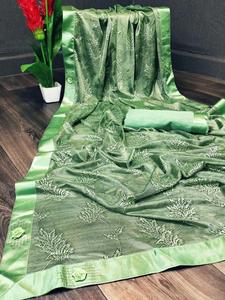 Sarees Silk Party Wear Indien Dernier Designer Femmes Porter Sari avec Blouse Japon Satin Crape Soie Tissus Doux Impression Numérique Sari Vêtement - Product Image 3