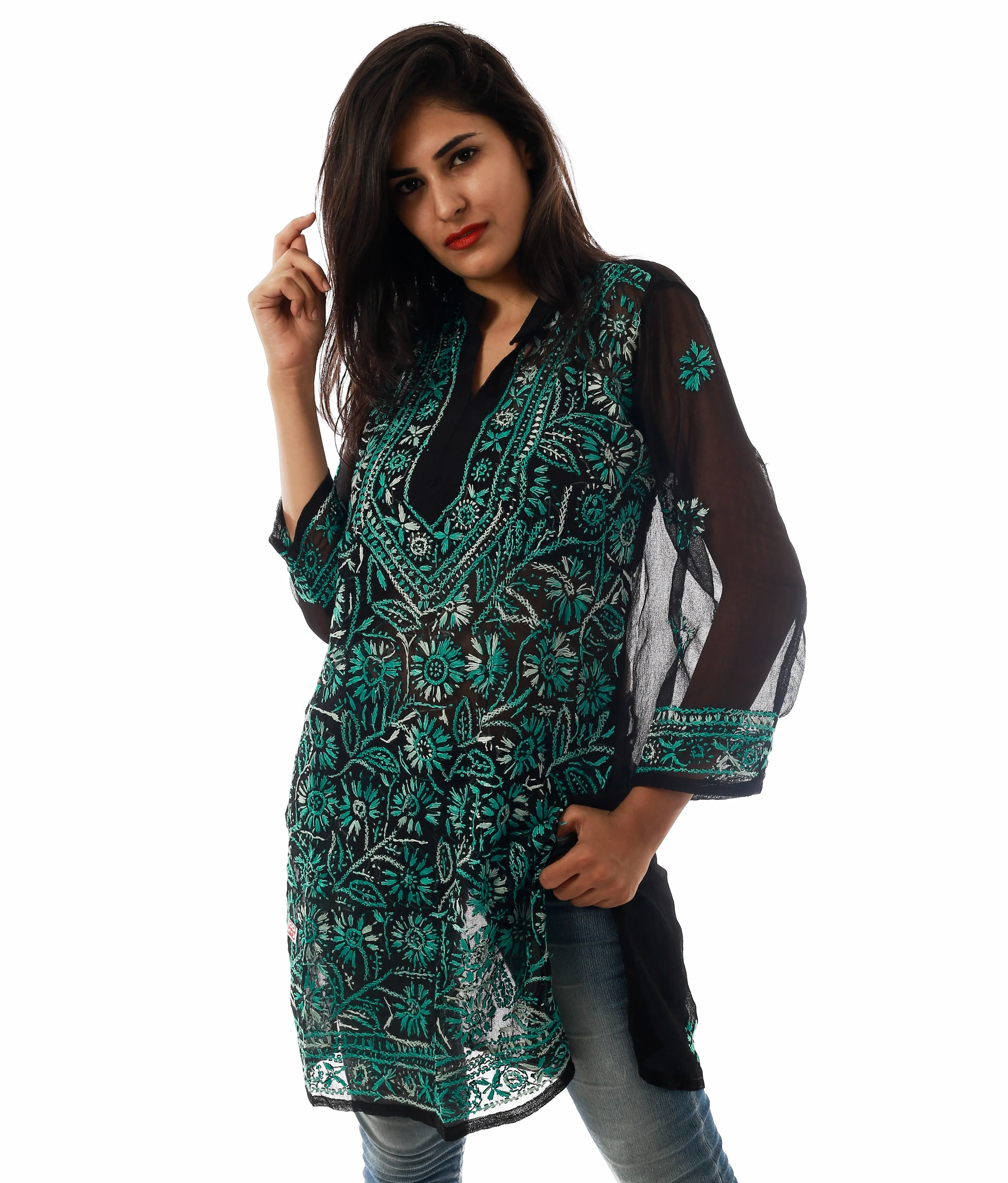 Lucknow Hand Geborduurde Mode Kurtis-Mode Georgette Chikan Geborduurde Tunieken-Boho Gypsy Top Tuniek