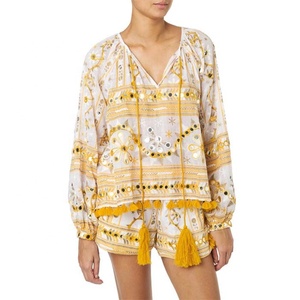 Robe d'été courte pour adulte, style bohème, col rond, en organza brodé, avec bordure à pompons, broderie miroir, imprimé floral, manches bouffantes, coupe ample - Product Image 1