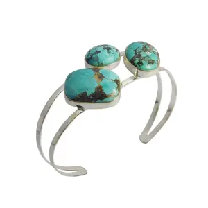 Classic Design Natural Turquoise Gemstone Bracelet Bangles Handmade 925 Sterling Silver Jewelry