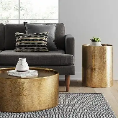 Metal Round hammered cylinder brass coffee tables set home decor furniture for living room and lobby furniture side tables