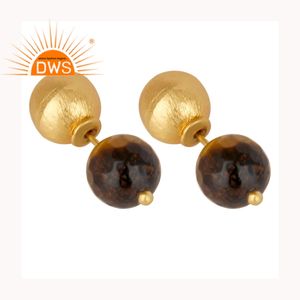 Pendientes chapados en oro de 14k, joyería de latón, proveedor de joyería, Bola de piedras preciosas de ojo de tigre, aretes de tuerca, venta al por mayor - Product Image 2