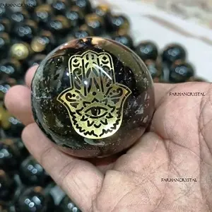 Đen Tourmaline Orgone Bóng Với Hamsa Tay Biểu Tượng, Cân Bằng Orgone Bóng EMF Bảo Vệ, Bán Buôn Chữa Bệnh Sản Phẩm Pha Lê