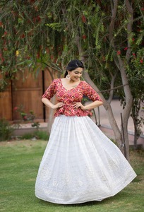 Robe de mariée indienne moderne en deux pièces, style georgette, pour adultes, ornée de motifs Lucknowi, pour les fêtes - Product Image 4