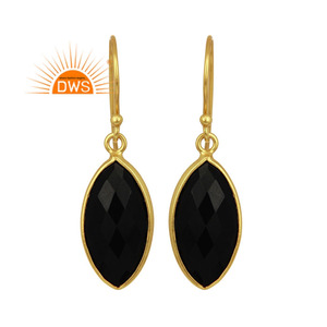 Pendientes de Plata Chapados en Oro con Forma de Marquesa, Pendientes con Piedras Preciosas de Ónice Negro, Proveedor de Joyería para Mujer, Colección Clásica - Product Image 1
