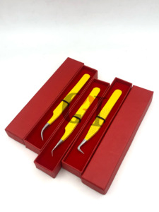 Ensemble de pinces à cils en acier inoxydable avec revêtement en poudre jaune, outils de précision pour l'extension des cils, emballage en boîte rouge - Product Image 2