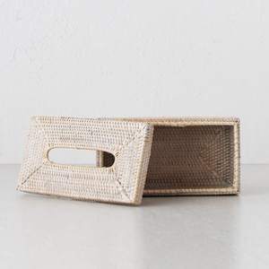 Porte-mouchoirs rectangulaire en bambou blanc délavé de style bohème - Product Image 3