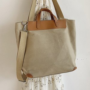 Drawstring Large <strong>Plain</strong> Cotton Canvas Shoulder Tote <strong>Bag</strong> with Leather <strong>Handle</strong> - Product Image 2