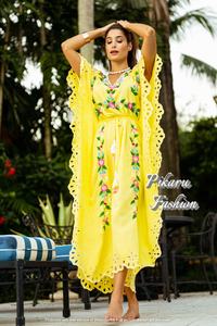 Mujeres manga corta Tie & Dye Floral bordado cuello pico piso longitud Kaftan - Product Image 3