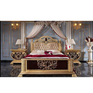 เตียงไม้สักแกะสลักสุดหรู ขนาดควีนไซส์ ดีไซน์เนอร์ตกแต่งสีทองขัดเงา สไตล์อิตาลี เตียงคู่สีทองแบบราชวงศ์ เตียงไม้สไตล์อินเดีย - Product Image 1