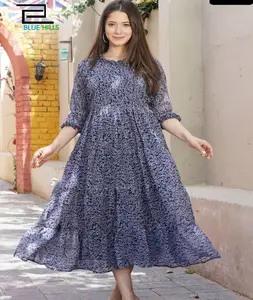 الغربية ارتداء جورجيت ميدي Anarkali نمط Kurtis طويل كم و يتوهم الرقبة نمط Kurtis ل فستان طويل ملابس كاجوال