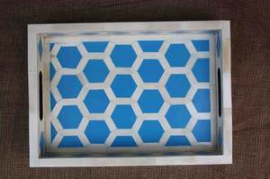 Plateau de service rectangulaire de haute qualité, fait à la main, avec motif hexagonal, incrustation d'os naturel, base en bois, pour hôtel, restaurant, qualité - Product Image 3