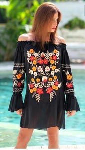 Plus Size Bohemian Black Slash Neck <b>Mini</b> Dress Floral Embroidery Breathable Eco-Friendly Loose Chiffon Casual Summer Dress Women - Product Image 3