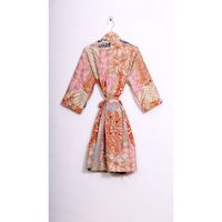 Kimono indien fait main en coton imprimé floral Kantha, col en V, manches trois quarts, longueur intégrale, fermeture à cordon pour femme