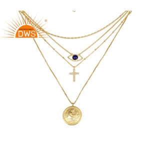 Pendentif en laiton plaqué or, bijoux religieux, CZ et Lapis, pour femmes, vente en gros - Product Image 1