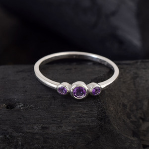 925 Sterling Silver Custom Birthstone Dainty Fine Jewelry Minimalist Round Natural Purple Amethyst Gemstone Stacking Band Ring - Product Image 2