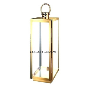 Single Gold Plated Stainless Steel Metal Lantern Big Size Simple <b>Plain</b> <b>Candle</b> Holder High Quality Modern Weddings Christmas - Product Image 1