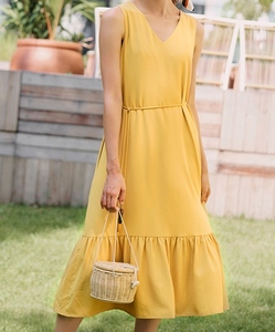 Robe longue sans manches en lin 100% couleur ambre, col en V, respirante et brodée, pour femme – Tendance et élégante - Product Image 1