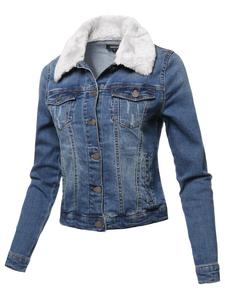 High Quality Women's Casual Denim <b>Jacket</b> Regular Blue Oversize Breathable Black Fur Collar Plus Size Dyed Jean 98% Cotton 2% - Product Image 4