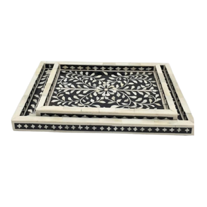 Plateau de service en bois et os incrustés, lot de 2 tailles différentes, pour thé et café, fabriqué en Inde - Product Image 3