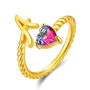 KRKC Jewelry A to Z Letter Gemstone Tourmaline PVD 18K Real Gold Plated Adjustable Heart Initial Ring for Women