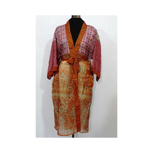 Robe Kimono imprimée en soie pure sari la plus vendue avec col en V et boucle de ceinture réglable Robe décontractée pour femmes et filles - Product Image 4