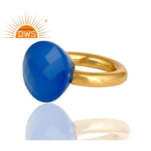 Bague à facettes en calcédoine bleue naturelle, pierre précieuse, plaqué or 18k, argent Sterling, vente en gros - Product Image 3