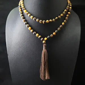 Collier avec pompon en œil de tigre naturel mat, 108 perles, de qualité supérieure, bijoux, vente en gros, prix usine