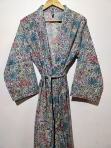 Sustainable Women Pure Cotton Outdoor <b>Beach</b> Kimono Dress <b>Robes</b> Long Spring Designer Handmade Floral Print Cotton Bath Wear <b>Robes</b> - Product Image 3