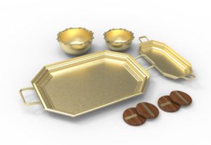 Plateau profond rond en or clair avec combinaison de maille en métal et rotin de qualité supérieure pour servir un plateau rond profond à l'aspect fantaisie de style moderne - Product Image 4