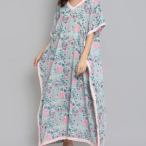 New Arrival Women's Fashion <b>Kaftan</b> Dress Light Blue V-Neck <b>Maxi</b> Leisure Floral Pattern Zipper Half Sleeves Slits Plain Dyed - Product Image 1