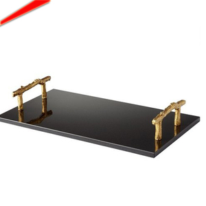 Top Selling Latest Design <b>Black</b> Marble Tray with Metal Handle Serving Tray - Product Image 1