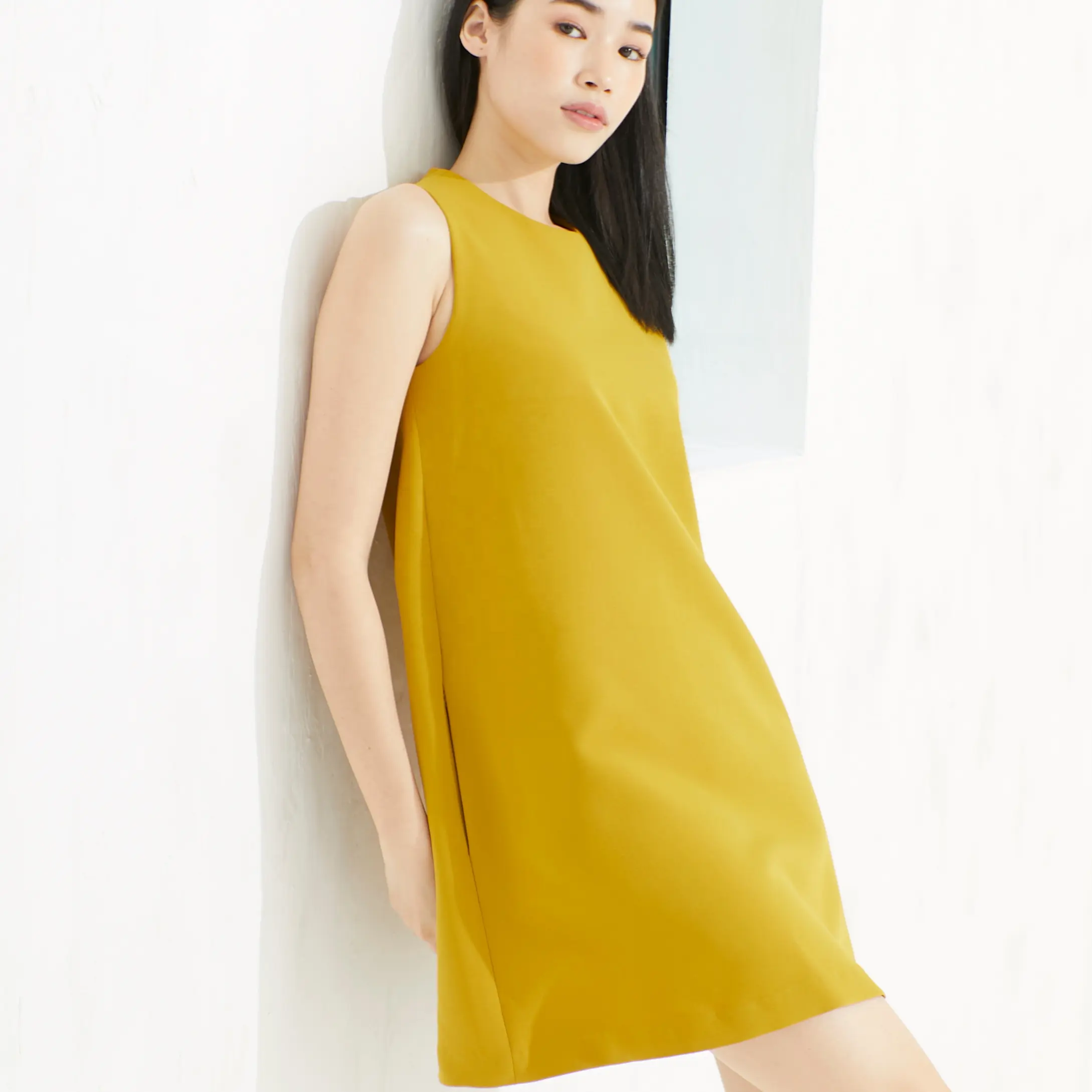 A Line Mustard Color High Fashion Premium Fabric Cute Women's Clothing Dressing Apparel Party Mini Dress